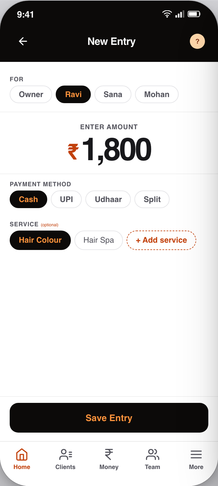 CutBooks new-entry screen: amount ₹1,800, payment method Cash, service Hair Colour, ready to save.