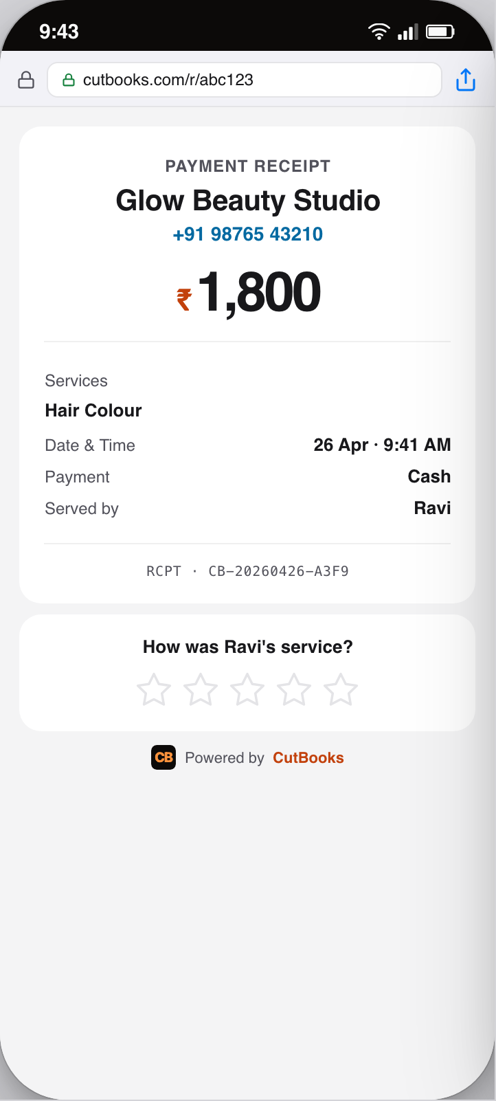 CutBooks WhatsApp receipt for Glow Beauty Studio: ₹1,800 Hair Colour, paid by Cash, served by Ravi, with a star rating.